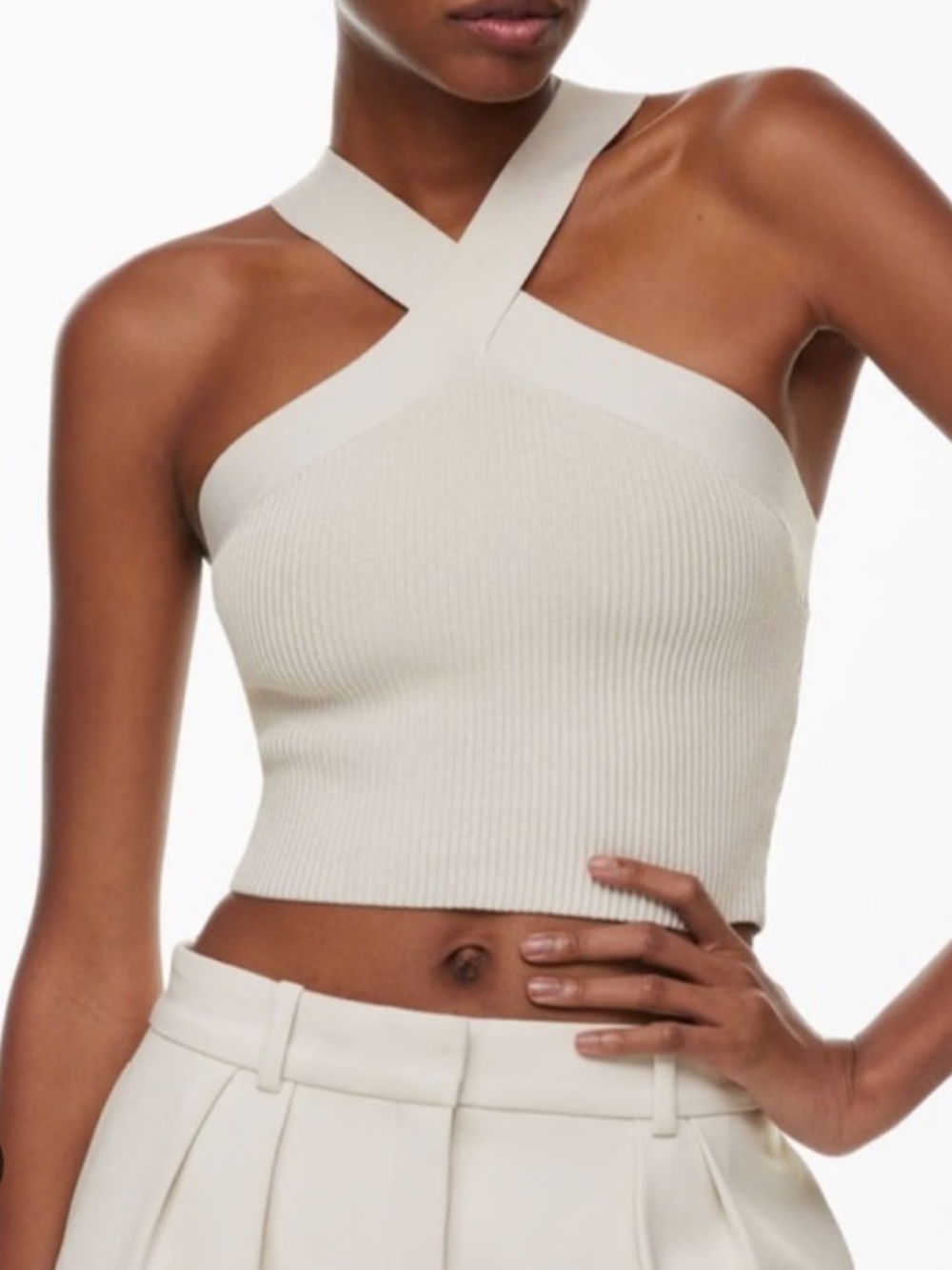 Aritzia Cream Cross-Strap Ribbed Crop‎ Tank